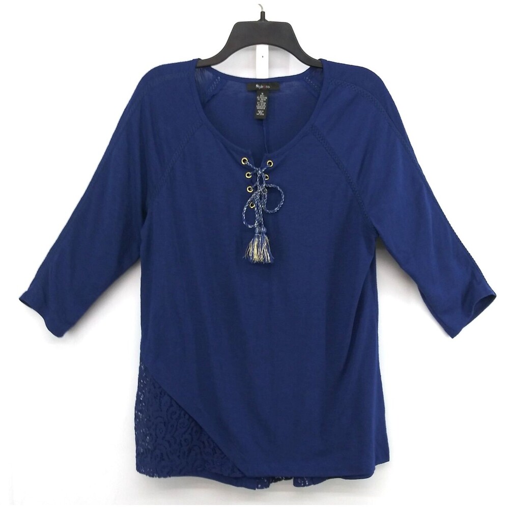 Style & Co. Blouse Women Size M Blue 3/4 Sleeve Tie V-Neck Lace Accents Top